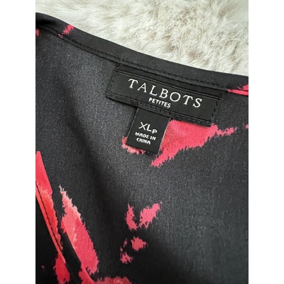 Talbots Womens Floral Popover Blouse Size XL Petite Red Black Long Sleeve Satin - Picture 4 of 7